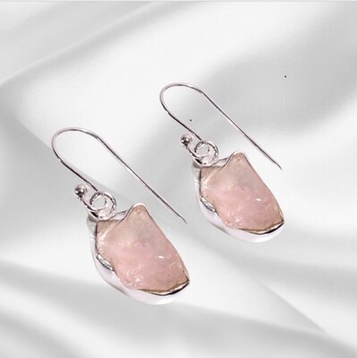 Rose Quartz Rough Crystal Earrings 925 Sterling Silver 