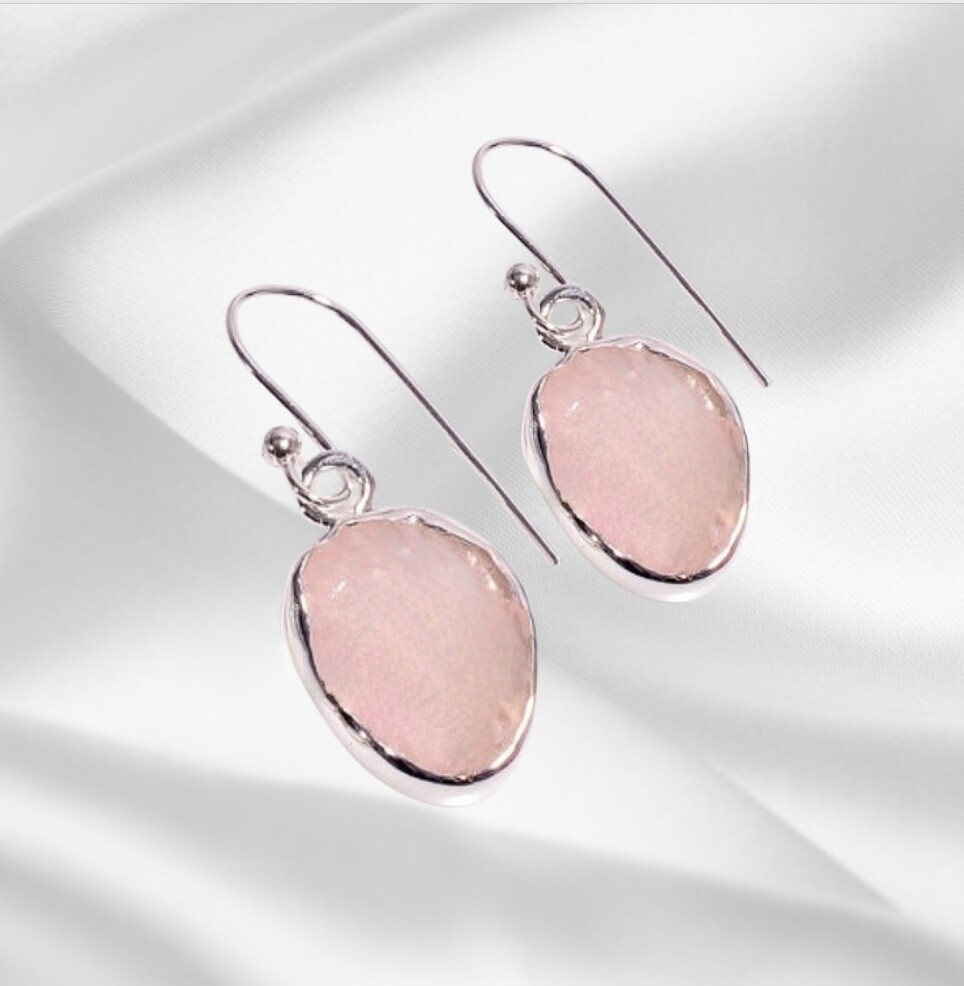 Rose Quartz Rough Crystal Earrings 925 Sterling Silver 