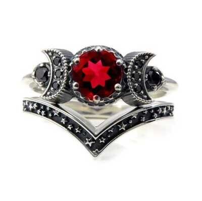 Red Ruby Crystal Triple Moon Gothic Ring