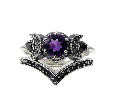 Amethyst Triple Moon Gothic Silver Ring