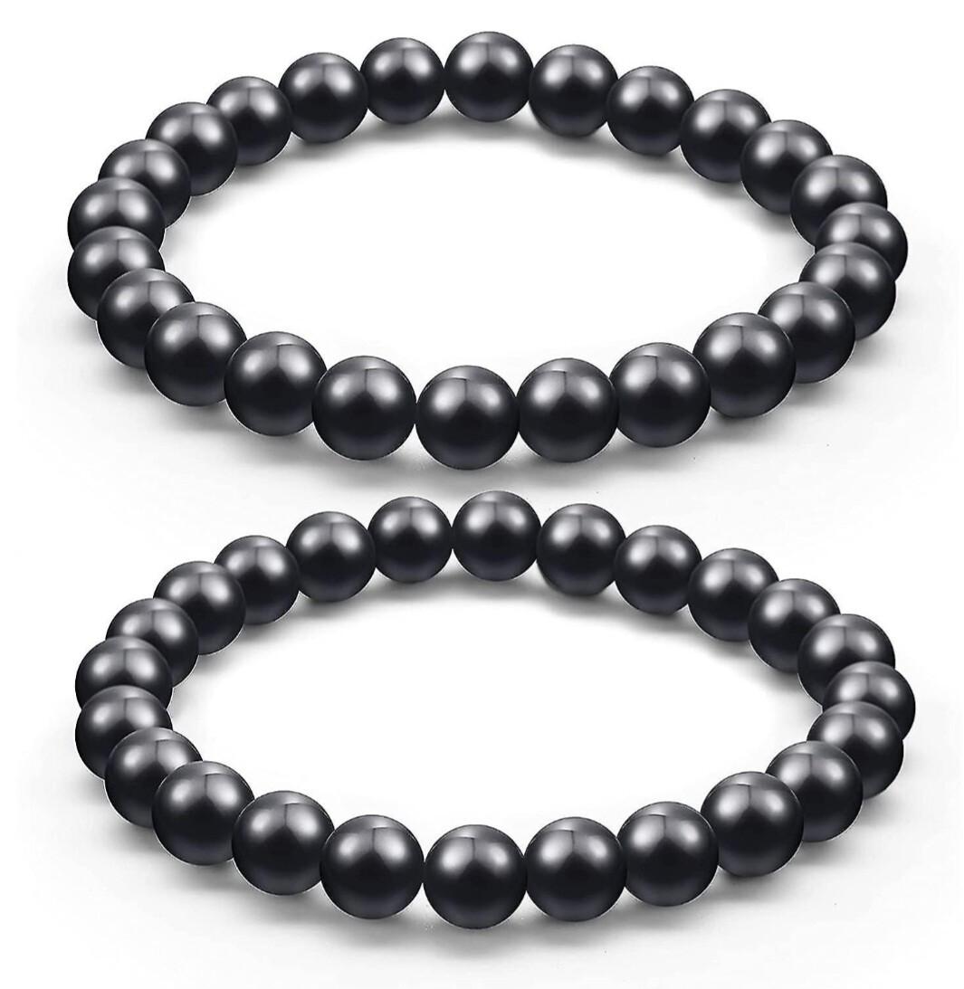Shungite Crystal Bracelets Set of 2 (8 and 6mm bead) Elastic 