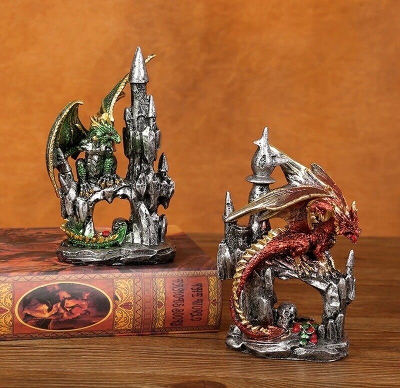 Dragon Castle  Statue Figurine Green Symbol of Luck, Strength, Wisdom and Prosperity 