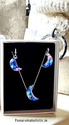 Ammolite crystal Crescent Moon Earrings &amp; Pendant Blue Rainbow Multicolour Set