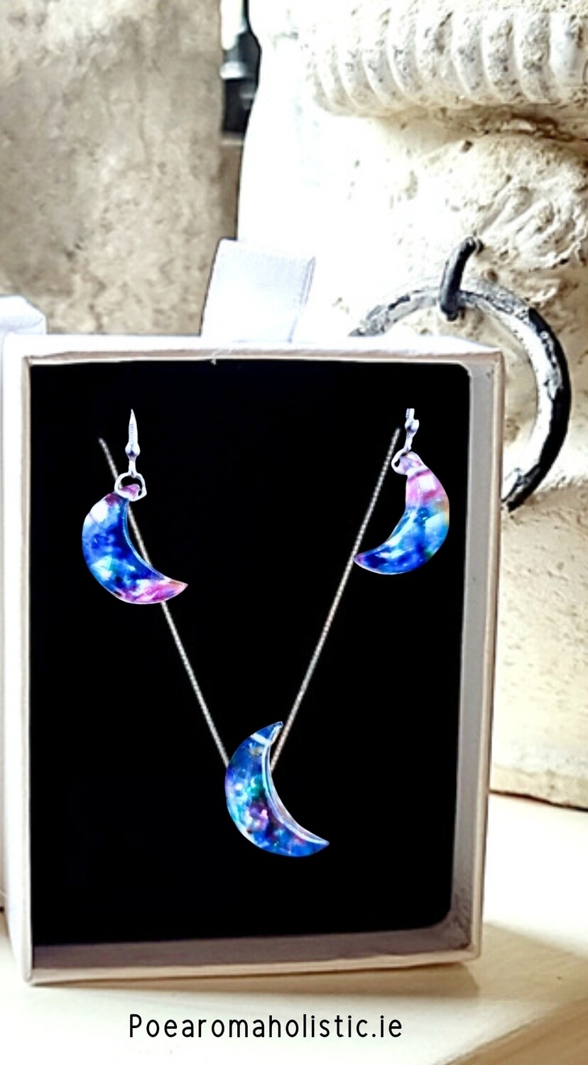 Ammolite crystal Crescent Moon Earrings &amp; Pendant Blue Rainbow Multicolour Set