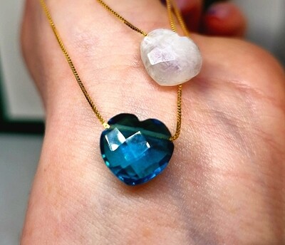 Blue Topaz / Moonstone Crystal Necklace Heart Amulet Pendant 925 Sterling Silver 