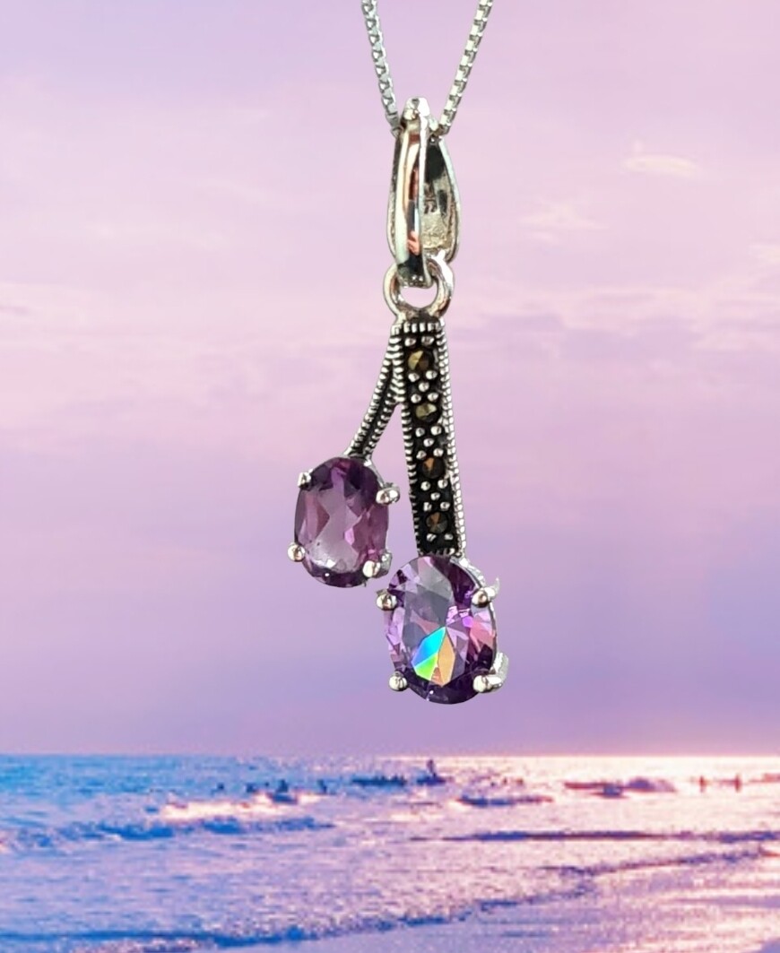 Amethyst Crystal Pendant Double Oval Necklace 925 Sterling Silver Vintage Style Pendant 