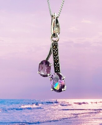 Amethyst Crystal Pendant Double Oval Necklace 925 Sterling Silver Vintage Style Pendant 