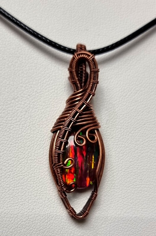 Aurora Opal Fire Rainbow Cabochon Wirewrapped Crystal Amulet Necklace 925