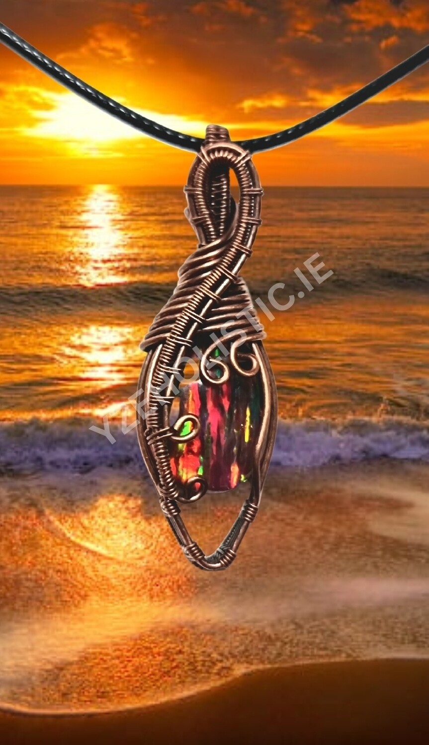 Aurora Opal Fire Rainbow Cabochon Wirewrapped Crystal Amulet Necklace 925