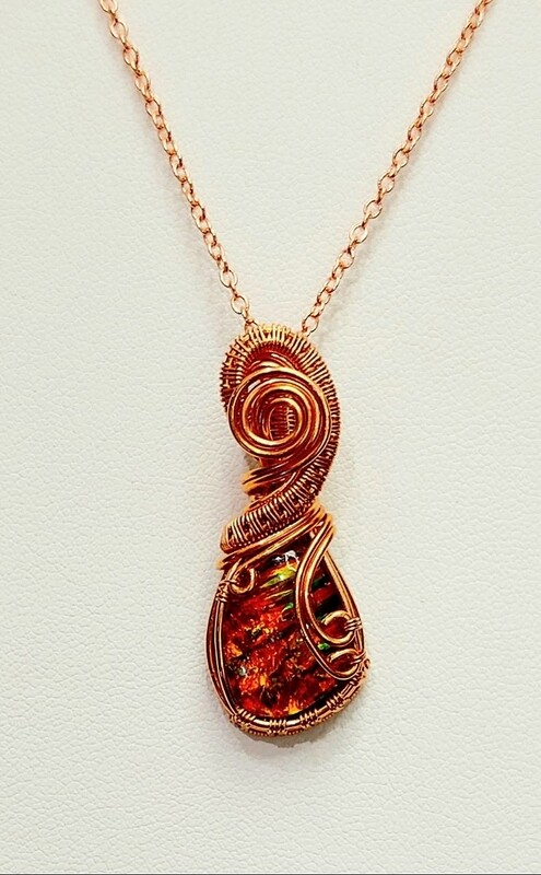 Aurora Fire Opal Crystal Necklace Cabochon Wirewrapped Copper Drop Shape Crystal Amulet Pendant 