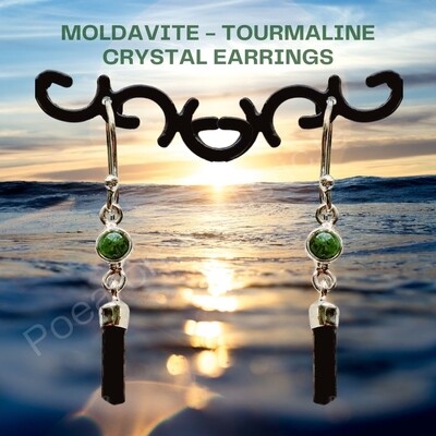 Moldavite and Black Tourmaline Crystal Earrings