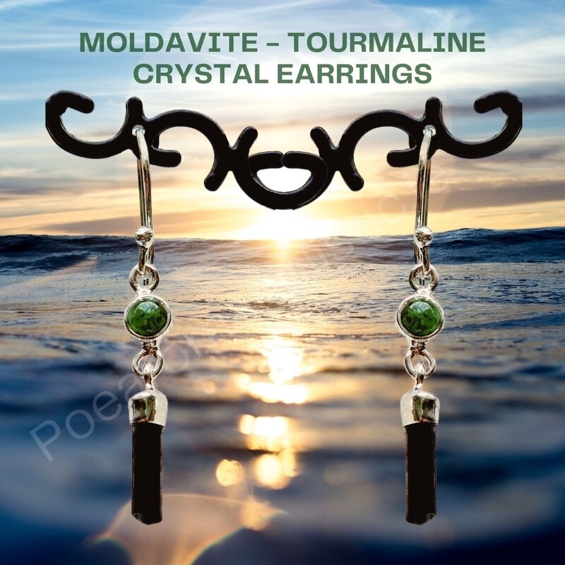 Moldavite and Black Tourmaline Crystal Earrings