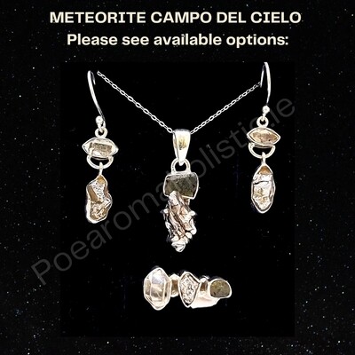 Meteorite Campo Del Cielo Genuine Moldavite Herkimer Diamond Crystal Set Amulet Necklace + Earrings +Ring, Claw Setting 925 Sterling Silver Gift Set