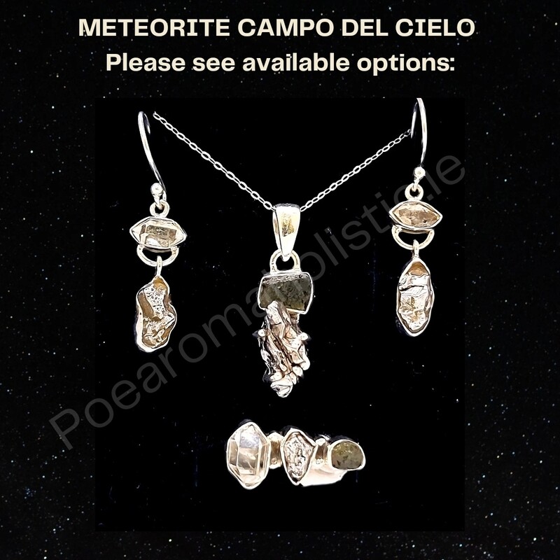 Meteorite Campo Del Cielo Genuine Moldavite Herkimer Diamond Crystal Set Amulet Necklace + Earrings +Ring, Claw Setting 925 Sterling Silver Gift Set