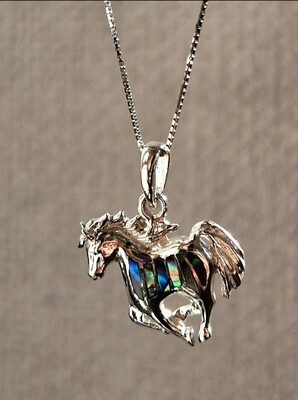 Horse Pendant Abalone Shell Crystal Necklace 925 Sterling Silver