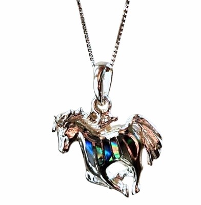 Horse Pendant Abalone Shell Crystal Necklace 925 Sterling Silver