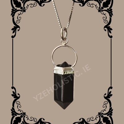 Black Obsidian Crystal 925 Sterling Silver Pendant Heloxahon Point Necklace 