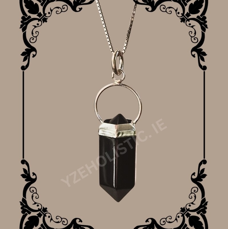 Black Obsidian Crystal 925 Sterling Silver Pendant Heloxahon Point Necklace 