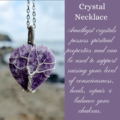 Amethyst Crystal Heart Pendant Necklace Tree of Life Wirewrapped