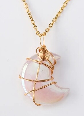 Rose Quartz Angel Aura Moon Necklace Wire wrapped Pendant 
