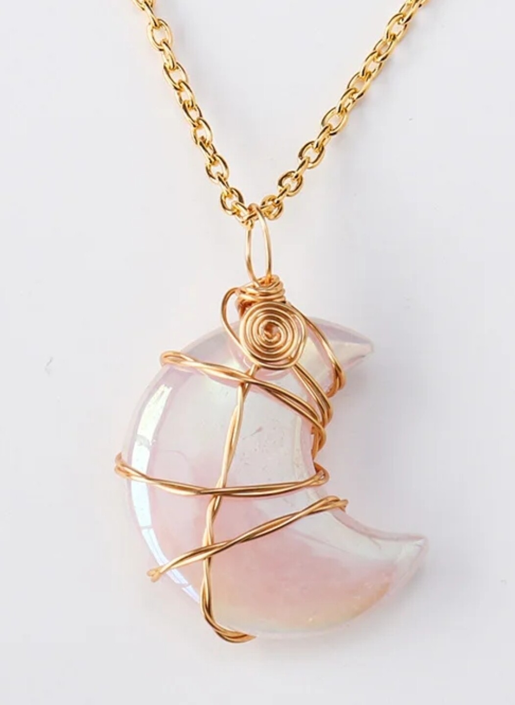 Rose Quartz Angel Aura Moon Necklace Wire wrapped Pendant 
