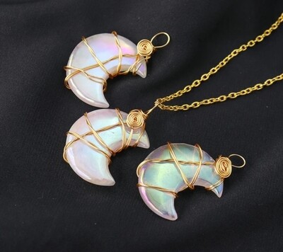 Rose Quartz Angel Aura Moon Necklace Wire wrapped Pendant 