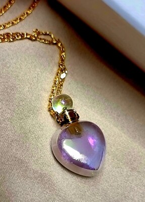 Heart Rose Quartz Aura Crystal Necklace Gemstone Perfume Essential Oil Bottle 18K Gold Filled 