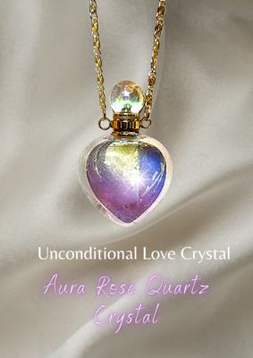 Heart Rose Quartz Aura Crystal Necklace Gemstone Perfume Essential Oil Bottle 18K Gold Filled 