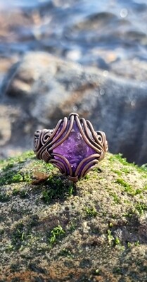 Amethyst Crystal Ring Wire-wrapped Copper 