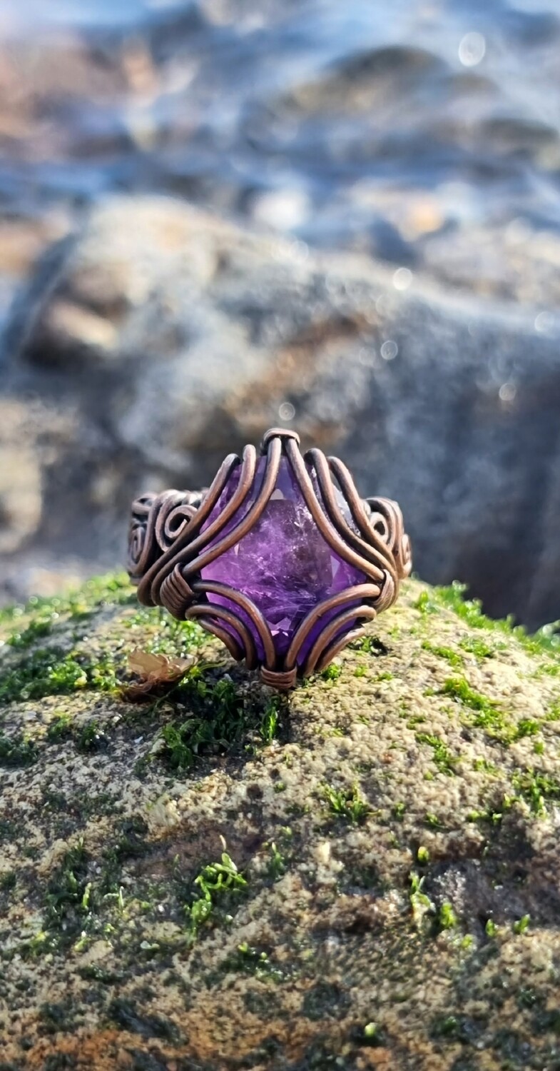 Amethyst Crystal Ring Wire-wrapped Copper 