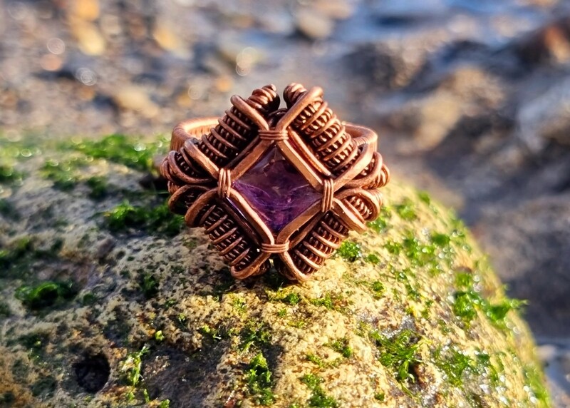 Amethyst Crystal Ring Wire-wrapped Copper