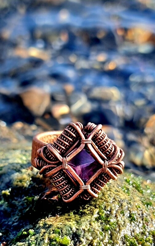 Amethyst Crystal Ring Wire-wrapped Copper 