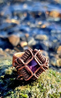Amethyst Crystal Ring Wire-wrapped Copper 
