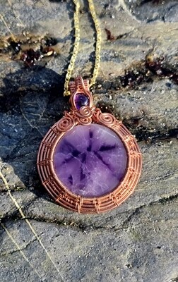 Amethyst ~ Auralite 23 Crystal Amulet Pendant Necklace &quot;REBIRTH&quot; Wire-wrapped Round Copper 