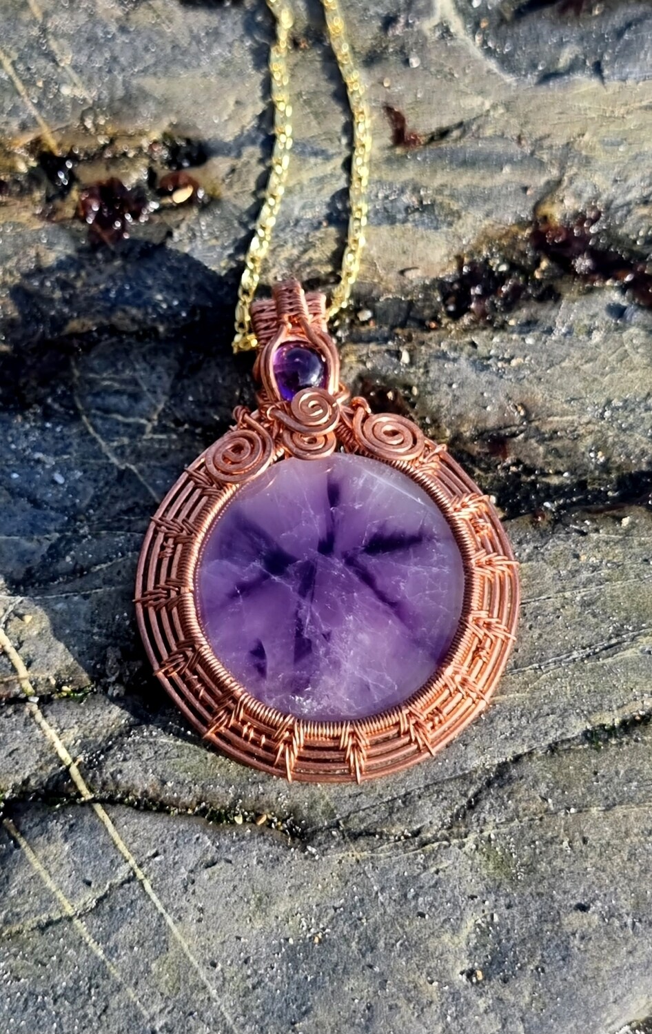 Amethyst ~ Auralite 23 Crystal Amulet Pendant Necklace &quot;REBIRTH&quot; Wire-wrapped Round Copper 