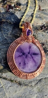 Amethyst ~ Auralite 23 Crystal Amulet Pendant Necklace "REBIRTH" Wire-wrapped Round Copper 