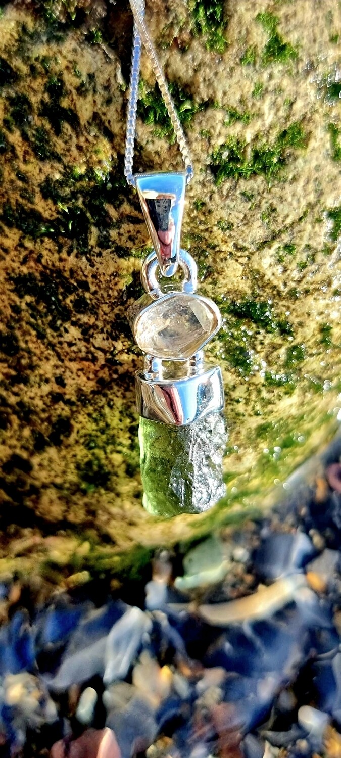 Moldavite -  Herkimer Diamond Crystal Necklace Pendant Amulet 