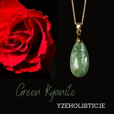 Green Kyanite Crystal &quot; Soul &amp; Spirit&quot; Gold Amulet Pendant Necklace 