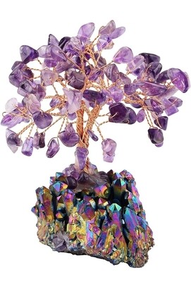 Amethyst Gem Crystal Tree of Life with Multicolour Rainbow Loveliome Titanium Aura Base 