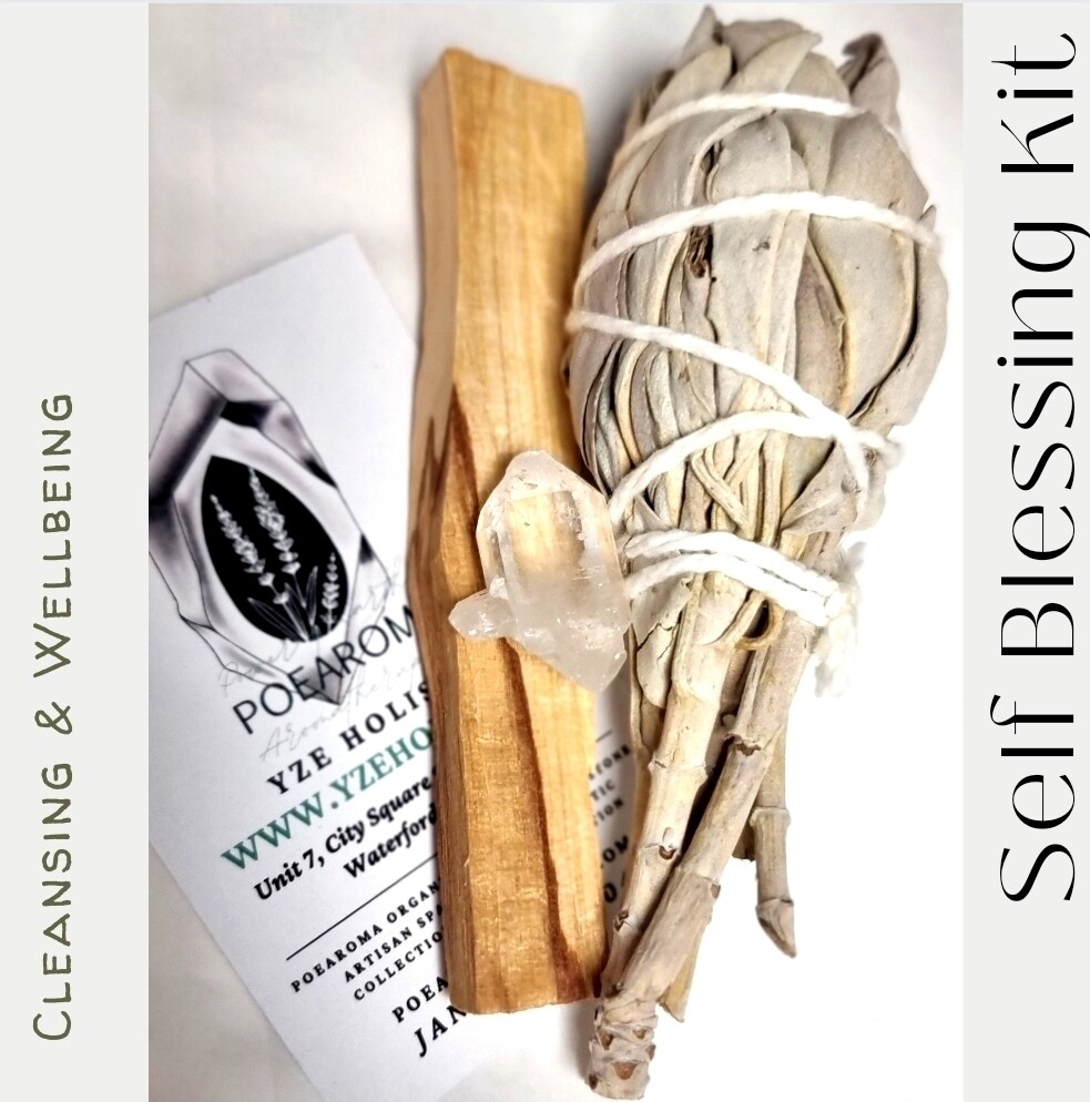 SELF BLESSING KIT AAA GRADE WHITE SAGE SMUDGE STICK   4&quot; /PALO SANTO 4&quot; / CLEAR ROCK QUARTZ  Home Cleansing Incense for House Cleansing and Burning Sage 