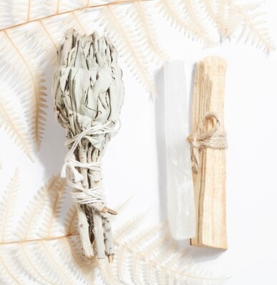 SELF BLESSING KIT AAA GRADE WHITE SAGE SMUDGE STICK   4&quot; /PALO SANTO 4&quot; / CLEAR ROCK QUARTZ  Home Re-energizing Incense for House Cleansing and Burning Sage 