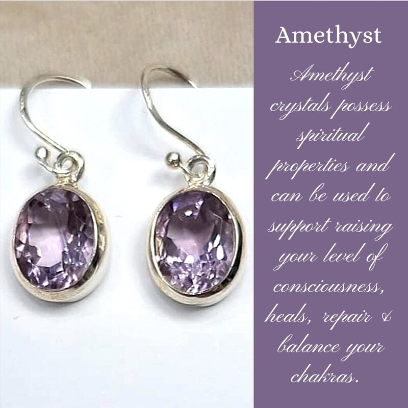 Amethyst Crystal Earrings Oval 925 Sterling Silver