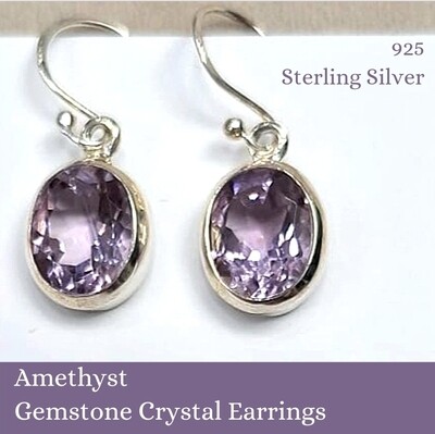 Amethyst Crystal Earrings Oval 925 Sterling Silver