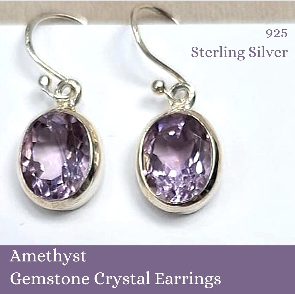 Amethyst Crystal Earrings Oval 925 Sterling Silver