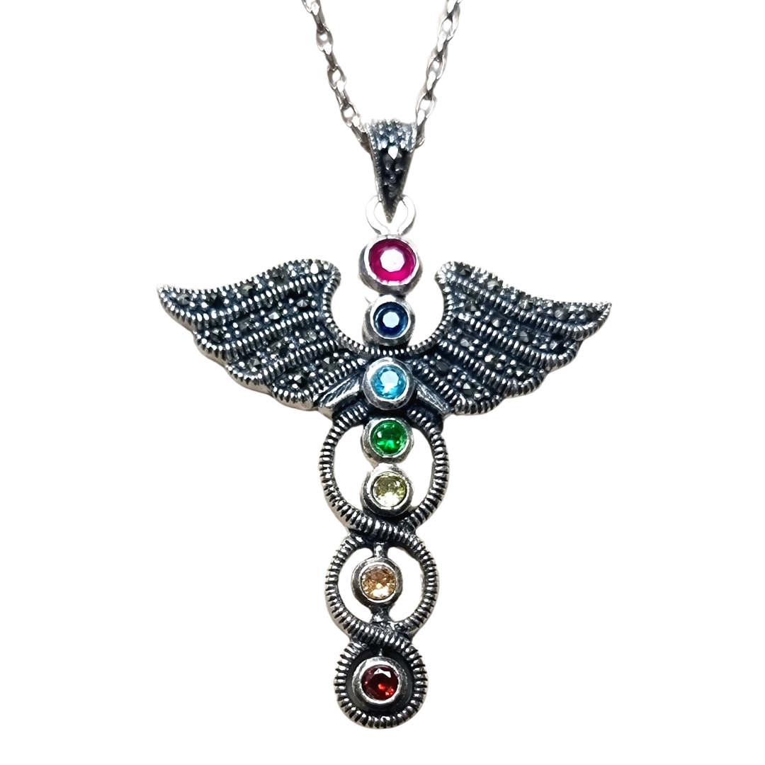 Angel Wings Necklace Chakra Crystal Caduceus Pendant