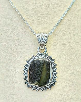 Moldavite Crystal Sterling Silver Amulet Necklace Pendant 