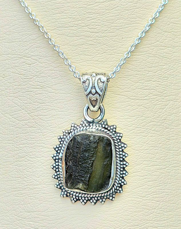 Moldavite Crystal Sterling Silver Amulet Necklace Pendant 