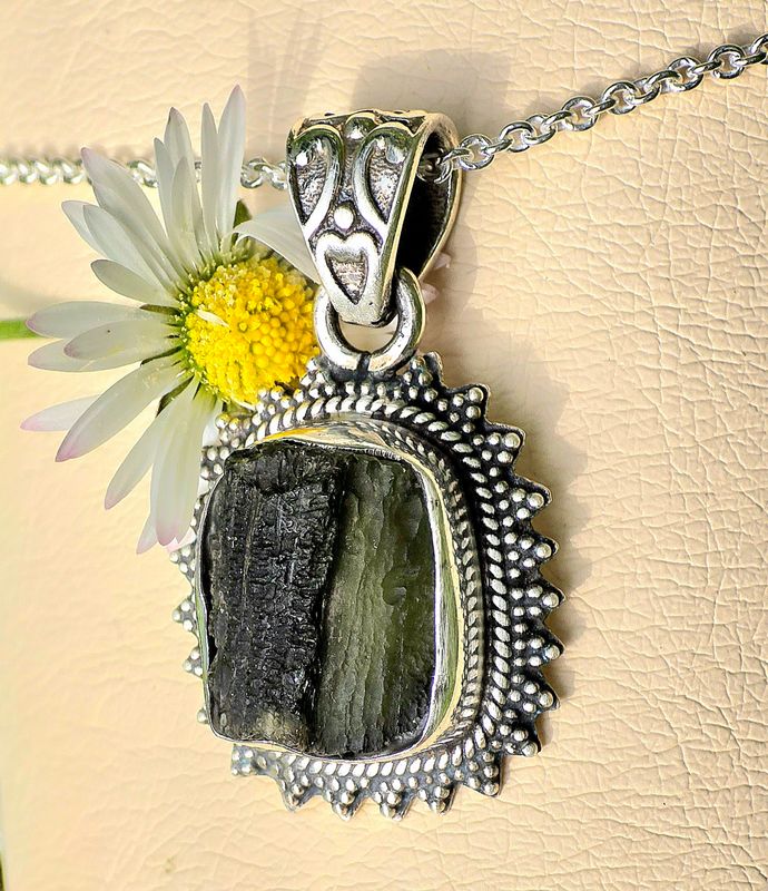 Moldavite Crystal Sterling Silver Amulet Necklace Pendant 