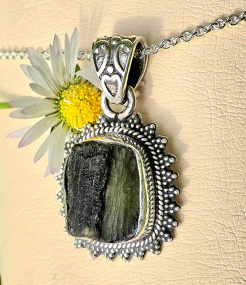 Moldavite Crystal Sterling Silver Amulet Necklace Pendant 