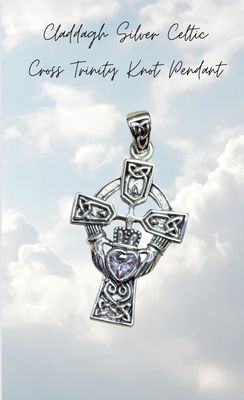 Claddagh Silver Celtic Cross Trinity Knot Crystal Pendant 